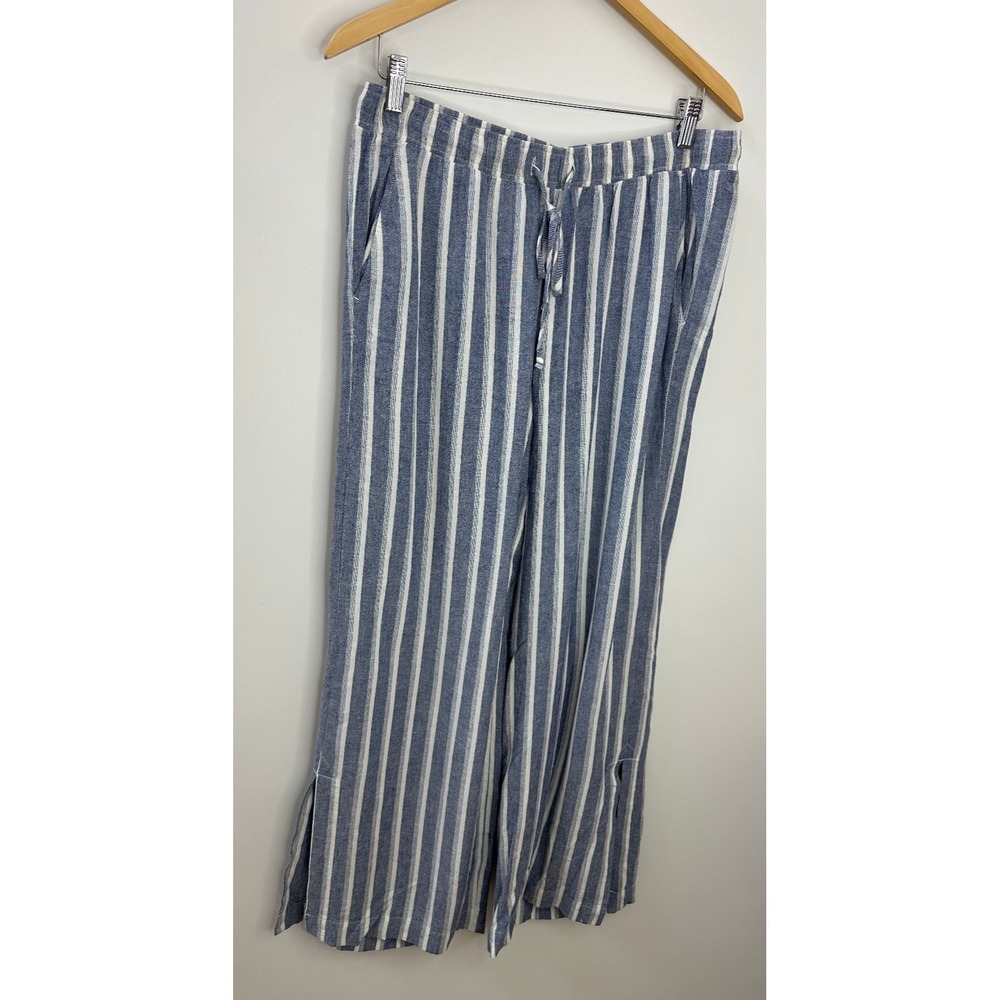 Cloth & Stone Linen Blend Wide Leg Slit Pants Size Medium Striped Blue Resort - Picture 12 of 12